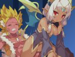 1boy 1girl blonde_hair blue_background blue_wings blunt_bangs blush breasts breasts_out censored character_request clenched_teeth closed_eyes colored_skin commentary_request cowboy_shot dark-skinned_female dark_skin demon_girl demon_tail detached_sleeves girl_on_top gold_trim grey_sleeves hair_tubes haitenai_rpg hetero highres jewelry long_hair magatama magatama_necklace mosaic_censoring necklace nipples open_mouth penis pink_skin pointy_ears pussy red_eyes reverse_cowgirl_position sex short_bangs small_breasts spiked_hair straddling tail teeth toned toned_male tsudero vaginal white_hair wings 