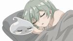  1girl 1other blanket closed_eyes green_hair ivy_(saijaku_tamer) saijaku_tamer_wa_gomi_hiroi_no_tabi_wo_hajimemashita sleeping sleepwear slime_(creature) sora_(saijaku_tamer) watanabegenn white_background 