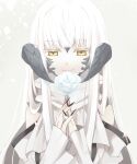  1girl au_ra dragon_girl dragon_horns dress final_fantasy final_fantasy_xiv flower highres holding holding_flower horns tama_kokoro1212 warrior_of_light_(ff14) white_dress white_hair yellow_eyes 