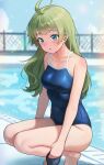  1girl :o ahoge bare_legs barefoot blue_one-piece_swimsuit blush breasts c_(theta) chain-link_fence collarbone covered_navel fence green_eyes green_hair hat highres holding holding_clothes holding_hat idolmaster idolmaster_million_live! looking_ahead medium_breasts one-piece_swimsuit pool poolside school_swimsuit shimabara_elena solo squatting swim_cap swimsuit tiptoes 
