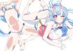  1girl absurdres ass bare_legs bare_shoulders barefoot bikini blue_archive blue_bikini blue_hair blush breasts cameltoe chise_(blue_archive) chise_(swimsuit)_(blue_archive) covered_nipples feet grin highres horns long_hair looking_at_viewer loose_bikini lying lying_on_ball micro_bikini multicolored_horns multiple_views navel niko_(tama) on_stomach one_eye_closed open_mouth red_eyes red_horns simple_background skin-covered_horns smile solo string_bikini striped_bikini striped_clothes swimsuit thighs toes two-tone_bikini very_long_hair white_background 