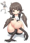  1girl bird_legs black_shorts black_vest blush borrowed_character brown_feathers brown_wings commentary english_commentary feathered_wings feathers frilled_vest frills harpy highres kotori_ootori_(jupiter1390) looking_at_viewer monster_girl original reference_inset short_hair shorts sifserf sitting solo talons thick_thighs thighs vest white_background winged_arms wings yellow_eyes 