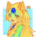  1girl blonde_hair cat_girl colored_skin fang forehead_jewel from_side gem green_skin highres knol_(flowrmosh) league_of_legends long_hair looking_at_viewer looking_to_the_side nami_(league_of_legends) open_mouth orange_eyes solo_focus teeth tongue 