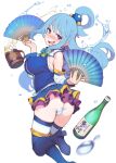  1girl alcohol aqua_(konosuba) ass ataruman bare_shoulders beer beer_bottle blue_eyes blue_footwear blue_hair blush boots bow bowtie breasts convenient_censoring cup detached_sleeves from_behind green_bow green_bowtie hair_between_eyes hair_rings highres kono_subarashii_sekai_ni_shukufuku_wo! large_breasts long_hair looking_at_viewer open_mouth simple_background skirt smile solo thigh_boots thighhighs very_long_hair water_censor water_drop white_background white_thighhighs wooden_cup 