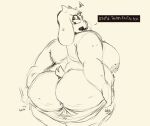 absurd_res annoyed anthro big_butt bovid breasts butt caprine cellulite cl0wn_meat dressing english_text female floppy_ears goat half-closed_eyes hi_res horn looking_back mammal mature_anthro mature_female narrowed_eyes nipples overweight overweight_anthro overweight_female scut_tail short_tail side_boob struggling_to_fit tail text toriel undertale_(series)