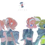  2boys 2girls :d agent_3_(splatoon) agent_8_(splatoon) backpack bag black_bag black_cape black_shirt black_shorts blender_(object) blue_eyes cape closed_eyes crop_top dark-skinned_female dark_skin fangs green_hair headphones high-visibility_vest highres inkling_boy inkling_player_character long_hair looking_back midriff multiple_boys multiple_girls navel octoling_boy octoling_girl octoling_player_character open_mouth parted_lips ponytail red_hair shirt short_hair shorts single_bare_shoulder single_sleeve smile splatoon_(series) splatoon_2 splatoon_2:_octo_expansion string string_of_fate teeth translation_request white_background yakiyori_0001 