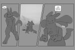 anthro biped campfire comic dialogue duo fur generation_4_pokemon hi_res lucario male monochrome nintendo pokemon pokemon_(species) sincastermon sitting sitting_on_ground speech_bubble tail