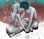  1boy 1girl alucard_(hellsing) ass barefoot collarbone commentary_request dress floral_background hand_grab hellsing hetero imminent_kiss indian_style integra_hellsing limited_palette long_hair looking_at_viewer sitting skinny strapless strapless_dress topless_male toshimichi_yukari tube_dress wariza 