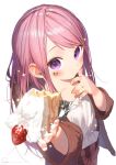  1girl artist_name blush brown_jacket brown_shorts cake cake_slice child closed_mouth eyelid_piercing food food_on_face frills fruit fur-trimmed_jacket fur_trim hands_up highres holding holding_cake holding_food jacket jewelry_bonney long_hair long_sleeves looking_at_viewer one_piece open_clothes open_jacket piercing pink_hair pink_lips purple_eyes ryota_(ry_o_ta) shirt shorts sidelocks simple_background solo sparkle standing strawberry t-shirt white_background white_shirt wide_sleeves 