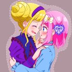  2girls amauri_miruki antenna_hair blonde_hair blue_eyes blue_shirt blunt_bangs blush braid braided_bun chii_(chi_pppuri) closed_eyes collared_shirt double_bun face-to-face facing_another from_side hair_bun hair_ornament hairband hand_on_another&#039;s_back hand_on_another&#039;s_chin hand_on_another&#039;s_shoulder heart heart_hair_ornament kokoa_remon long_sleeves looking_at_another multiple_girls noses_touching open_mouth pink_hair pretty_series purple_hairband purple_shirt shirt short_hair sidelocks smile upper_body waccha_primagi! 