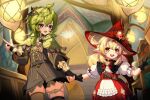  2girls :d ahoge asymmetrical_legwear belt black_gloves blonde_hair bow bowtie box branch bridal_gauntlets brown_belt brown_dress brown_thighhighs cape child clover collei_(genshin_impact) crossed_bangs cuilein-anbar_(genshin_impact) detached_sleeves dress four-leaf_clover frilled_dress frilled_sleeves frills gem genshin_impact gloves gold_bracelet gold_trim green_cape green_gemstone green_hair hair_between_eyes haires hand_up hat hat_ribbon highres holding_hands index_finger_raised indoors klee_(blossoming_starlight)_(genshin_impact) klee_(genshin_impact) lamp looking_at_another looking_at_viewer low_twintails medium_hair multiple_girls official_alternate_costume open_mouth orange_eyes orb pointy_ears puffy_short_sleeves puffy_sleeves purple_eyes red_bow red_bowtie red_dress red_headwear ribbon short_sleeves sidelocks smile tassel teeth thighhighs tree twintails upper_body upper_teeth_only witch_hat yellow_bag 