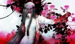  1girl alucard_(hellsing) black_hair blood blood_on_clothes bottomless flat_chest girlycard hair_over_one_eye hellsing leaf long_hair looking_at_viewer navel nipples open_clothes open_shirt red_eyes solo toshimichi_yukari very_long_hair 
