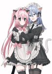  2girls :d :o animal_ear_fluff animal_ears apron black_dress black_gloves black_necktie black_ribbon black_thighhighs blue_eyes blue_hair blush cat_ears cat_tail chihuri commentary_request dress earrings ende_(chihuri) fake_animal_ears frilled_apron frilled_dress frills garter_straps gloves hair_between_eyes hair_intakes hair_ribbon hand_on_another&#039;s_shoulder highres jewelry juliet_sleeves long_hair long_sleeves maid maid_headdress multiple_girls nea_(chihuri) necktie original parted_lips pink_hair puffy_short_sleeves puffy_sleeves purple_eyes ribbon short_sleeves simple_background smile stud_earrings tail thighhighs two_side_up very_long_hair white_apron white_background 