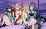 4girls aqua_dress aqua_hair aqua_horns arknights ass bandeau bare_shoulders beads between_breasts black_bandeau black_footwear black_hair black_necktie black_ribbon blonde_hair blue_hair braid breasts china_dress chinese_clothes closed_mouth colored_skin crossed_legs dragon_girl dress dusk_(arknights) dusk_(everything_is_a_miracle)_(arknights) earrings grey_eyes grey_hair grin hair_between_eyes hair_intakes hair_ornament hair_over_one_eye hair_ribbon hairpin hand_on_own_leg hand_up high_collar high_heels highres holding horns jacket jewelry knees_up ling_(arknights) ling_(towering_is_cliff_of_nostalgia)_(arknights) long_hair long_sleeves looking_at_viewer magic medium_breasts multicolored_hair multiple_girls necklace necktie necktie_between_breasts nian_(arknights) nian_(unfettered_freedom)_(arknights) off_shoulder official_alternate_costume one_eye_covered open_clothes open_jacket pants pelvic_curtain pink_eyes pink_ribbon pointy_ears purple_eyes purple_hair purple_horns red_eyes red_horns ribbon seigaiha shoes short_hair shu_(arknights) siblings sisters sitting sleeveless sleeveless_dress smile strapless streaked_hair tube_top tudili very_long_hair white_dress white_horns white_jacket white_pants white_tube_top yellow_horns 