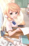  1girl 1other absurdres ahoge blonde_hair blue_bow blue_bowtie blurry blurry_background book bow bowtie chalkboard classroom curtains desk drawing_(object) eraser green_eyes hair_ornament highres holding holding_paper holding_pen indie_virtual_youtuber low_twintails medium_hair nowoka on_chair open_mouth paper pen pom_pom_(clothes) pom_pom_hair_ornament pov pov_hands school school_uniform shigure_ui_(vtuber) shigure_ui_(vtuber)_(1st_costume) shirt short_sleeves short_twintails sidelocks sitting sleeve_cuffs smile sweat twintails white_shirt 