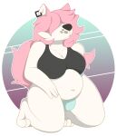  alpha_channel anthro belly big_breasts bra breasts bulge canid canine clothed clothing fox gynomorph hair hi_res intersex kneeling makydeli_(artist) male_(lore) mammal mar_(makydeli) nipple_outline overweight panties pink_hair pink_tail simple_background solo underwear 