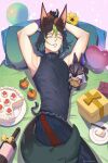  1boy animal_ear_fluff animal_ears armpits arms_up balloon bare_arms black_hair black_shirt bottle box cake cake_slice character_doll closed_eyes colored_inner_hair compression_shirt cyno_(genshin_impact) food from_above fruit genshin_impact gift gift_box gloves green_hair hair_between_eyes hair_in_own_mouth head_on_pillow heart_balloon highres kirikidu lips lying male_focus multicolored_hair on_back orange_(fruit) pants parted_lips pillow plate shirt sleeping sleeveless sleeveless_shirt solo spoon tail tighnari_(genshin_impact) turtleneck turtleneck_shirt twisted_torso twitter_username 