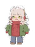  1girl brown_footwear brown_hair cold frown fugota6509 full_body green_eyes green_jacket grey_pants jacket long_sleeves looking_at_viewer mittens nose_bubble open_clothes open_jacket open_mouth pants pretty_series pripara red_mittens red_sweater shoes short_hair simple_background snow_on_body snow_on_head solo standing sweater taiyo_pepper trembling white_background winter_clothes 