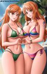  artist_name baileymcpatty beach bikini bleach breast_press breasts cleavage highres inoue_orihime legs midriff nami_(one_piece) non-web_source one_piece orange_hair palm_tree smile swimsuit tree 