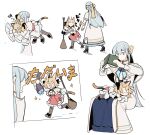  &lt;|&gt;_&lt;|&gt; 2girls animal_ears anisphia_wynn_palettia black_ribbon blonde_hair blue_bow blue_bowtie blue_hair blue_skirt boned_meat book boots bow bowtie broom brown_footwear calico carrying carrying_over_shoulder carrying_person cat_ears cat_girl cat_tail closed_mouth coat commentary_request euphyllia_magenta food hair_ribbon highres holding holding_book holding_broom jacket kemonomimi_mode lelioz long_hair long_sleeves meat medium_hair multiple_girls open_mouth pink_skirt purple_eyes ribbon sitting sitting_on_lap sitting_on_person size_difference skirt sleeping smile sparkle tail tensei_oujo_to_tensai_reijou_no_mahou_kakumei translation_request white_coat white_jacket yellow_ribbon 