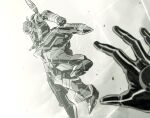  black_gloves chamber_(suisei_no_gargantia) clenched_hand gloves greyscale gun highres holding holding_gun holding_weapon ishiyumi ledo_(suisei_no_gargantia) looking_at_viewer mecha monochrome open_hand pov solo spoilers suisei_no_gargantia weapon white_eyes 