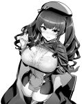  1girl azur_lane beret black_headwear bra bra_through_clothes breasts button_gap cape center_frills dress eyebrows_visible_through_hair framed_breasts frills from_above gloves greyscale hat highres hori_(hori_no_su) italian_flag large_breasts long_hair looking_at_viewer microdress monochrome pola_(azur_lane) skin_tight skindentation solo taut_clothes taut_dress thighhighs twintails underwear white_background white_bra white_gloves zettai_ryouiki 