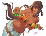  1girl andromeda_(fate) andromeda_(second_ascension)_(fate) azusa_(hws) bare_shoulders bikini blue_pants blush bracelet braid breasts brown_hair chain cleavage criss-cross_halter crown_braid dark-skinned_female dark_skin denim fate/grand_order fate_(series) green_eyes halterneck highleg highleg_bikini highres hydrokinesis jeans jewelry large_breasts long_hair looking_at_viewer low_ponytail multicolored_bikini multicolored_clothes navel one_eye_closed open_mouth pants rainbow_bikini sidelocks simple_background smile solo swimsuit v water white_background 
