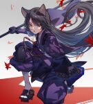  1girl animal_ears arknights autumn_leaves black_footwear black_hair brown_eyes dog_ears dog_girl elbow_gloves facial_mark fighting_stance fingerless_gloves forehead_mark full_body geta gloves holding holding_weapon japanese_clothes kimono knee_pads leaf long_hair looking_at_viewer maple_leaf naginata nian one_knee open_mouth pants polearm puffy_pants purple_gloves purple_kimono purple_pants saga_(arknights) solo straight_hair tabi tasuki v-shaped_eyebrows very_long_hair weapon white_legwear 