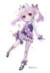  1girl ankle_bow bare_arms bare_legs bieko_(disgaea) black_footwear bow chihiri choker closed_mouth disgaea dress dress_bow earrings full_body hair_bow highres horns jewelry legs_apart looking_at_viewer makai_senki_disgaea_6 panties pink_hair purple_dress red_eyes ribbon_choker shoes short_dress short_hair skin-covered_horns smile solo twintails twitter_username underwear white_background white_panties wrist_bow 