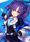  1girl absurdres belt blue_archive blue_background gloves hair_ornament halo highres id_card jacket long_hair looking_at_viewer necktie open_mouth purple_eyes purple_hair school_uniform simple_background solo ticket trrcmb yuuka_(blue_archive) 