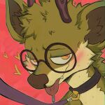 ambiguous_gender anthro antlers black_collar blush bodily_fluids collar deer drooling eyewear floating_hearts fur furred_kobold glasses green_body green_fur heart_pupils hi_res horn hybrid kobold leash looking_at_viewer mammal mekmarchu mossweaver multicolored_body multicolored_fur purple_leash saliva simple_background solo two_tone_body two_tone_fur yellow_eyes