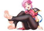 1girl ;d absurdres armor black_pantyhose blue_ribbon bracer breasts chinese_commentary commission dragon_quest dragon_quest_dai_no_daibouken feet foot_focus foreshortening full_body highres large_breasts legs looking_at_viewer maam no_shoes one_eye_closed open_mouth pantyhose pink_hair pixiv_commission red_eyes red_shirt ribbon shirt short_hair short_sleeves shoulder_armor simple_background sitting smile soles solo stairs stirrup_legwear toeless_legwear toes white_background xo_(xo17800108) 
