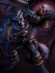  3:4 alexander_grayhaven_(characters) anthro armor blizzard_entertainment blood bodily_fluids branch canid canine canis claws fangs green_blood hi_res howlite male mammal monster piercing solo tentacles video_games warcraft weapon were werecanid werecanine werewolf wolf worgen 
