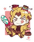  &gt;_&lt; 1boy animalization bird blonde_hair border bow candy chibi chibi_only chick dio_brando earrings food full_body holding holding_candy holding_food holding_lollipop jacket jewelry jojo_no_kimyou_na_bouken kotorai kujo_jotaro licking_lips lollipop male_focus no_nose outstretched_arms pants red_bow signature spread_arms star_platinum tongue tongue_out white_border yellow_jacket yellow_pants 