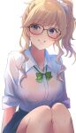  14sai_bishoujo_(shoutarou) 1girl bespectacled black-framed_eyewear blonde_hair blue_eyes blue_scrunchie blue_skirt blush bow bowtie breasts collarbone dot_nose glasses green_bow green_bowtie grin hair_ornament hair_scrunchie highres idolmaster idolmaster_cinderella_girls idolmaster_cinderella_girls_starlight_stage knees_up large_breasts long_hair looking_at_viewer ohtsuki_yui pleated_skirt ponytail school_uniform scrunchie shirt simple_background sitting skirt sleeves_rolled_up smile solo wavy_hair white_background white_shirt 