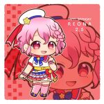  1boy :d blue_ribbon braid character_name chibi chii_(chi_pppuri) crossdressing full_body hand_up happy_birthday hat idol_clothes looking_at_viewer mole mole_under_eye open_mouth otoko_no_ko outline pink_hair pink_thighhighs pleated_skirt pretty_series pripara red_background red_eyes red_footwear red_ribbon red_sailor_collar reona_west ribbon sailor_collar sailor_hat shirt shoes short_hair short_sleeves side_braid skirt smile solo standing star_(symbol) thighhighs white_headwear white_outline white_shirt wrist_cuffs 
