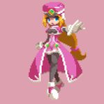  1girl black_bodysuit blonde_hair blue_eyes bodysuit bodysuit_under_clothes cleavage_cutout clothing_cutout coat gloves hat highres long_hair low-tied_long_hair mega_man_(series) mega_man_zx pink_background pink_coat pink_headwear pixel_art prairie_(mega_man) sesuji07 shako_cap simple_background solo very_long_hair white_gloves 