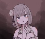  1girl bare_shoulders blush commentary_request dark_background elf emilia_(re:zero) flower grey_hair hair_flower hair_ornament hair_ribbon hand_on_own_chin kotarou_(kotakota_ee) looking_at_viewer open_mouth pointy_ears purple_eyes purple_ribbon re:zero_kara_hajimeru_isekai_seikatsu re:zero_kara_kasaneru_isekai_seikatsu ribbon rose short_hair simple_background solo white_flower white_rose x_hair_ornament 