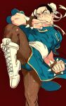  1boy black_hair blue_dress blue_eyes boots bracelet brown_pantyhose bulge bun_cover chengongzi123 china_dress chinese_clothes chun-li chun-li_(cosplay) clenched_hand closed_mouth cosplay crossdressing double_bun dress eye_trail fighting_stance golden_kamuy hair_bun hair_ribbon hands_up highres jewelry knee_up light_trail looking_at_viewer male_focus mandarin_collar pantyhose pelvic_curtain puffy_short_sleeves puffy_sleeves red_background ribbon short_hair short_sleeves simple_background spiked_bracelet spikes standing standing_on_one_leg street_fighter street_fighter_ii_(series) toned toned_male tsukishima_hajime veins very_short_hair white_footwear white_ribbon 