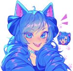  1girl :d :o ahoge animal_ears blue_eyes blue_hair blush_stickers bow cat_ears cat_girl drill_hair fangs green_eyes gwen_(league_of_legends) hair_bow highres knol_(flowrmosh) league_of_legends long_hair looking_at_another open_mouth portrait smile teeth twin_drills twintails white_background 