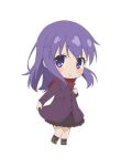  1girl black_dress blush boots brown_footwear chibi closed_mouth coat commentary_request dress fate/kaleid_liner_prisma_illya fate_(series) full_body hand_on_own_chest holding light_smile long_hair long_sleeves looking_at_viewer matou_sakura official_art purple_coat purple_eyes purple_hair red_scarf scarf shoes simple_background solo standing thighs white_background 
