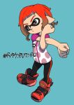  1boy black_leggings blue_background cephalopod_eyes closed_mouth commentary_request cross-body_stretch full_body grey_eyes highres inkling inkling_boy inkling_player_character leggings male_focus orange_hair pointy_ears shoes short_hair simple_background solo splatoon_(series) standing tentacle_hair translation_request xdies_ds 