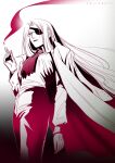  1girl artist_name ascot breasts cigar coat coat_on_shoulders eyepatch from_below frown glasses gloves hellsing highres holding holding_cigar integra_hellsing limited_palette long_hair red_ascot small_breasts smoke solo toshimichi_yukari 