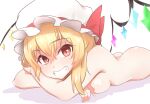  1girl ass blonde_hair bow breast_press breasts commentary_request completely_nude crossed_arms crystal_wings double-parted_bangs flandre_scarlet grin hat hat_bow hat_ribbon head_rest large_breasts looking_at_viewer lying mob_cap nude on_floor on_stomach red_bow red_eyes red_ribbon ribbon shadow short_hair side_ponytail slit_pupils smile solo touhou vanishingknife white_background white_headwear wings 