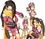  2girls 3amsoda apple artist_name bare_shoulders breasts brown_hair cleavage closed_mouth crop_top detached_sleeves fire_emblem fire_emblem_fates food fruit hair_over_one_eye highres holding holding_food holding_fruit holding_paintbrush holding_shuriken holding_weapon japanese_clothes kagero_(fire_emblem) large_breasts long_hair looking_at_viewer midriff modeling multiple_girls multiple_views navel ninja orochi_(fire_emblem) paintbrush painting_(object) picture_frame ponytail purple_eyes purple_hair red_eyes scarf shuriken sitting smile thighhighs v weapon white_background yellow_scarf 