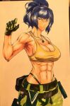  1girl abs arm_up bare_shoulders black_gloves blue_eyes blue_hair breasts camouflage camouflage_pants cleavage collarbone covered_nipples crop_top dog_tags frown gloves highres jewelry large_breasts leona_heidern looking_at_viewer muscular muscular_female navel necklace octavius_(octavius_dp) pants ponytail sketch soldier solo stomach sweat tank_top the_king_of_fighters the_king_of_fighters_xv yellow_tank_top 