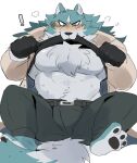  ! anthro blush brand_new_animal canid canine canis hi_res hyaku_(artist) male mammal muscular muscular_anthro muscular_male pecs shirou_ogami solo studio_trigger tuft wolf 