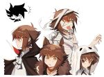  2boys animal_collar animal_ears ascot bandage_over_one_eye bandages black_cape black_hair brown_eyes brown_hair cape coat collar fur-trimmed_coat fur_trim ghost_costume highres kd_(jichaman1) manjoume_jun multiple_boys multiple_views mummy_costume notched_ear red_eyes ringed_eyes saliva short_hair tongue tongue_out vampire_costume werewolf_costume white_ascot white_background wolf_ears yu-gi-oh! yu-gi-oh!_gx yuuki_juudai 