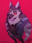  anthro canid canid_demon canine canis clothed clothing demon eye_scar facial_scar fangs fur grey_body grey_fur hellhound helluva_boss hi_res high-angle_view koarakeru looking_up male mammal muscular muscular_anthro muscular_male red_background red_eyes scar simple_background sleeveless_shirt solo standing vortex_(vivzmind) wolf 