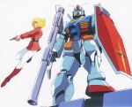  1970s_(style) 1980s_(style) 1girl aiming artist_request bazooka_(gundam) blonde_hair boots earth_federation emblem gun gundam handgun jumping key_visual looking_at_viewer looking_to_the_side mecha military military_uniform mobile_suit mobile_suit_gundam official_art promotional_art retro_artstyle robot roundel rx-78-2 sayla_mass scan science_fiction shield traditional_media uniform v-fin weapon white_background zero_gravity 